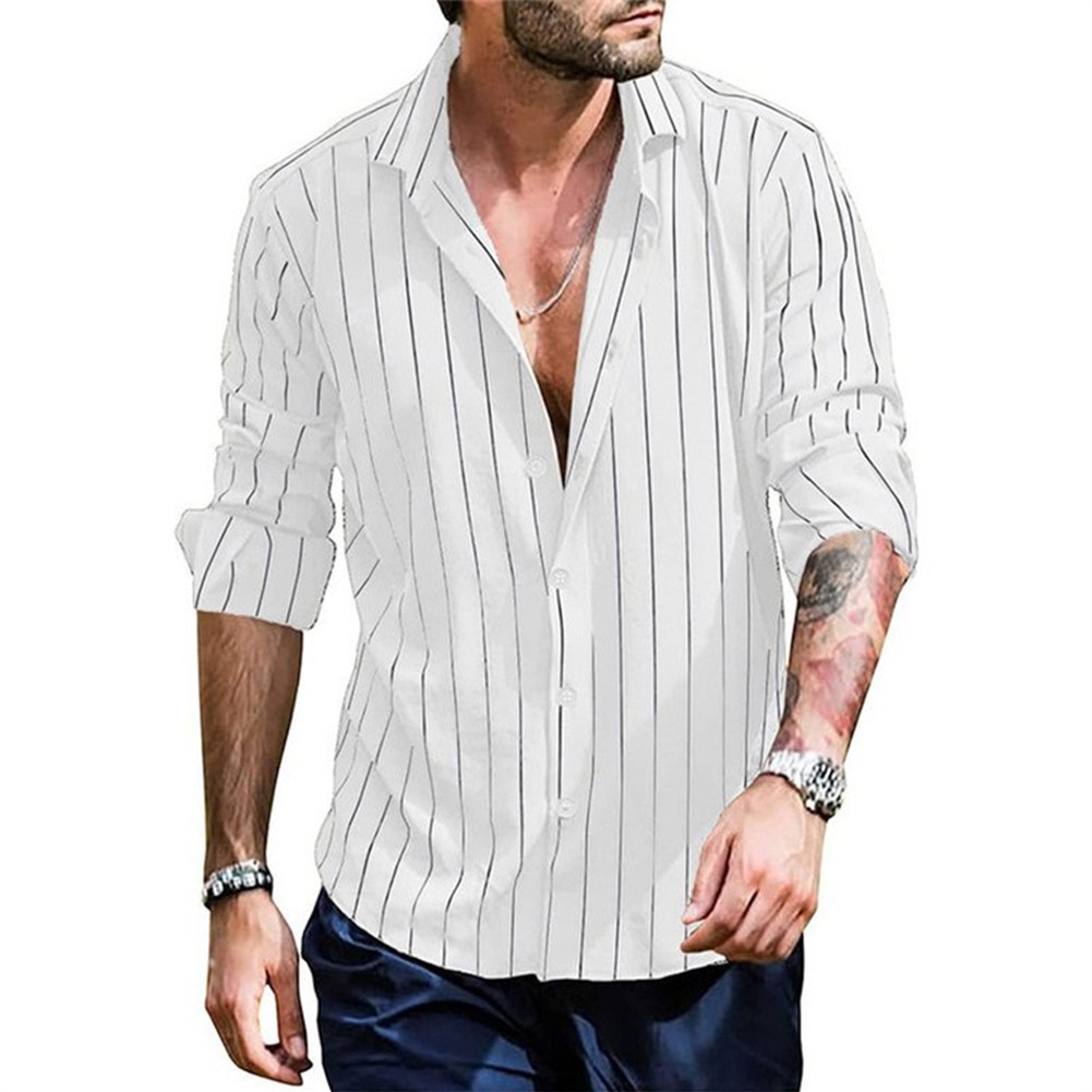 Mens Casual Loose Striped Shirt Long Sleeve Button Down Band Collar Shirt